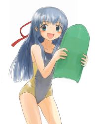 Rule 34 | 00s, 1girl, blue hair, blush, competition swimsuit, flat chest, galaxy angel, green eyes, happy, karasuma chitose, kickboard, long hair, nyama, one-piece swimsuit, simple background, smile, solo, swimsuit, white background