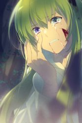 Rule 34 | 1girl, 1other, androgynous, aqua eyes, blood, blood from mouth, blood on face, commentary request, crying, crying with eyes open, echo (circa), enkidu (fate), eye reflection, fate/grand order, fate (series), green hair, hair between eyes, hand on own face, heterochromia, kingu (fate), long hair, open mouth, purple eyes, reflection, robe, siduri (fate), tears, teeth, very long hair, white robe