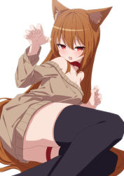 Rule 34 | 1girl, :d, animal ear fluff, animal ears, ass, bad id, bad pixiv id, bare shoulders, black thighhighs, blush, breasts, brown hair, brown sweater, claw pose, cleavage, collar, collarbone, commentary request, commission, fang, feet out of frame, hair between eyes, hand up, highres, long hair, long sleeves, looking at viewer, medium breasts, off-shoulder sweater, off shoulder, open mouth, original, oueo, pixiv commission, red collar, red eyes, smile, solo, sweater, thighhighs, very long hair
