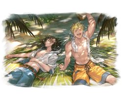Rule 34 | 2boys, alpha transparency, arm support, belt, black hair, blonde hair, canister, canteen, closed eyes, granblue fantasy, hair intakes, holding, jacket, lancelot (granblue fantasy), male focus, minaba hideo, multiple boys, no nipples, official art, outdoors, parted lips, sleeping, smile, towel, towel around neck, transparent background, tree shade, vane (granblue fantasy), vane (summer) (granblue fantasy), white jacket
