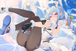 Rule 34 | 1girl, animal ear fluff, animal ears, black gloves, black leotard, blue hair, blush, braid, carrot hair ornament, cloud, cloudy sky, crossed bangs, detached sleeves, dress, extra ears, food-themed hair ornament, gloves, hair ornament, highres, hololive, leotard, leotard under clothes, long hair, looking at viewer, muzin chan, pantyhose, parted lips, pekomon (usada pekora), puffy short sleeves, puffy sleeves, rabbit ears, rabbit girl, rabbit tail, red eyes, shoes, short sleeves, sky, solo, strapless, strapless dress, tail, thick eyebrows, thigh strap, twin braids, twintails, usada pekora, usada pekora (1st costume), very long hair, virtual youtuber, white dress