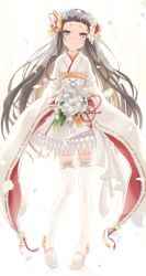 Rule 34 | 10s, 1girl, alternate costume, bad id, bad pixiv id, black hair, blue eyes, blunt bangs, bouquet, bow, bride, closed mouth, flower, frilled thighhighs, frills, full body, fur trim, hair bow, hair flower, hair ornament, head wreath, high heels, highres, holding, holding bouquet, japanese clothes, kimono, lace-trimmed sleeves, lace trim, legs apart, lily (flower), long hair, long sleeves, looking at viewer, makeup, marimari (show by rock!!), misaka (05), motion blur, obi, petals, pom pom (clothes), print thighhighs, ribbon, ribbon-trimmed sleeves, ribbon trim, sash, see-through, shoes, short kimono, show by rock!!, simple background, solo, standing, thighhighs, veil, white background, white bow, white flower, white footwear, white kimono, wide sleeves, yellow bow, yellow ribbon, zettai ryouiki