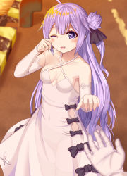 Rule 34 | 1girl, ;d, ahoge, azur lane, bad id, bad pixiv id, bare shoulders, black bow, black ribbon, blurry, blurry background, blush, bow, collarbone, commentary request, covered navel, criss-cross halter, detached sleeves, dress, fingernails, gloves, hair between eyes, hair bun, hair ribbon, halterneck, happy tears, long hair, long sleeves, looking at viewer, navel, one eye closed, one side up, open mouth, out of frame, outdoors, pov, pov hands, purple eyes, purple hair, revision, ribbon, see-through, side bun, single hair bun, single side bun, smile, solo focus, sunset, tears, tukino neru, unicorn (azur lane), very long hair, white dress, white gloves, white sleeves, wiping tears