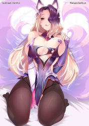 Rule 34 | 1girl, ahri (league of legends), animal ears, black hair, black pantyhose, blonde hair, breasts, bridal gauntlets, clothes pull, coven ahri, darklux, dress pull, fox ears, fox girl, fox tail, hair over one eye, heart, heart print, highres, kneeling, large breasts, league of legends, leotard, leotard pull, licking lips, looking at viewer, multicolored hair, naughty face, one eye covered, pantyhose, pasties, tail, tearing clothes, tongue, tongue out, torn clothes, torn legwear, two-tone hair