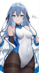 Rule 34 | 1girl, armpit crease, bare shoulders, black pantyhose, blue eyes, blue hair, blue nails, breasts, covered navel, cowboy shot, dated, detached sleeves, expressionless, highres, jacket, jacket partially removed, kiz mk, leotard, light blue hair, looking at viewer, medium breasts, mole, mole under eye, original, pantyhose, parted lips, signature, simple background, white background, white jacket