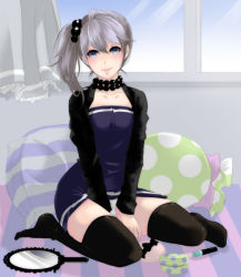 Rule 34 | 1boy, bad id, bad pixiv id, bed, between legs, black thighhighs, blue eyes, blush, bow, bulge, collarbone, cosmetics, crossdressing, dixsept, dress, grey hair, hand between legs, hand mirror, jewelry, lips, lipstick tube, long hair, makeup, male focus, mirror, necklace, no shoes, original, panties, pantyshot, pillow, side ponytail, sitting, smile, solo, thighhighs, trap, underwear, upskirt, window