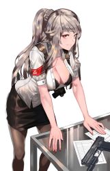 Rule 34 | 1girl, armband, bad id, bad pixiv id, black bra, black skirt, blush, bra, braid, breasts, brown eyes, brown pantyhose, cleavage, collarbone, collared shirt, commentary request, crown braid, fang, fang out, grey hair, gun, handgun, highres, holster, ihobus, lace, lace-trimmed bra, lace trim, large breasts, leaning on object, long hair, looking at viewer, nail polish, original, pantyhose, partially unbuttoned, pencil skirt, ponytail, red nails, shirt, short sleeves, sidelocks, skirt, smile, solo, underwear, weapon, white shirt