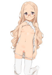 Rule 34 | 1girl, 2l (2lsize), blonde hair, blush, breasts, censored, closed mouth, clothes lift, dress, dress lift, forehead, frills, glasses, heart, heart censor, highres, kneeling, looking at viewer, navel, nipples, nose blush, original, panties, panty pull, purple eyes, red-framed eyewear, simple background, small breasts, solo, tareme, thick eyebrows, thighhighs, thighs, underwear, wavy hair, white background, white dress, white panties, white thighhighs