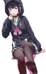 Rule 34 | 1girl, absurdres, animal hood, black choker, black hair, black pantyhose, blue archive, blue hoodie, blush, chinese commentary, choker, colored inner hair, commentary request, feet, food, foot focus, green sailor collar, hair ornament, hairclip, hand up, highres, holding, holding food, hood, hood up, hoodie, kazusa (blue archive), long sleeves, looking at viewer, macaron, multicolored hair, neckerchief, no shoes, open mouth, pantyhose, pink hair, pink neckerchief, pleated skirt, red eyes, ressec, sailor collar, shirt, short hair, simple background, sitting, skirt, soles, solo, toes, white background, white shirt