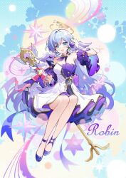 Rule 34 | 1girl, aqua eyes, bare shoulders, bead bracelet, beads, bracelet, breasts, character name, detached sleeves, dress, earrings, full body, gou lianlian dogface, halo, hand up, head wings, headphones, high heels, highres, holding, holding staff, honkai: star rail, honkai (series), invisible chair, jewelry, long hair, looking at viewer, open mouth, purple dress, purple footwear, purple wings, robin (honkai: star rail), short sleeves, sitting, smile, staff, teeth, two-tone dress, upper teeth only, white dress, wings