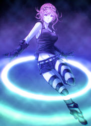 Rule 34 | 1girl, alternate hair color, belt, boots, breasts, chromatic aberration, denim, denim shorts, elbow gloves, gloves, goggles, goggles on head, gumi, highres, light smile, midriff peek, mstm, navel, pink hair, purple eyes, short hair with long locks, shorts, sideboob, sidelocks, solo, striped clothes, striped thighhighs, tank top, thighhighs, vocaloid, zettai ryouiki