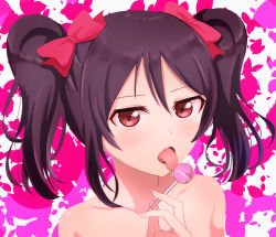 Rule 34 | 1girl, black hair, bow, candy, completely nude, food, hair bow, highres, licking, lollipop, looking at viewer, love live!, nude, open mouth, red eyes, saliva, solo, tongue, tongue out, twintails, wewe, yazawa nico