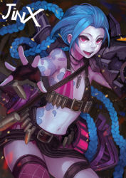 Rule 34 | 1girl, aqua hair, bandolier, belt, belt skirt, bikini, bikini top only, braid, bullet, canking, character name, choker, fingerless gloves, flat chest, gloves, gun, hairline, highres, jewelry, jinx (league of legends), league of legends, long hair, midriff, navel, necklace, outstretched hand, over shoulder, pale skin, purple eyes, single thighhigh, smile, solo, swimsuit, tattoo, thighhighs, twin braids, very long hair, weapon, weapon over shoulder