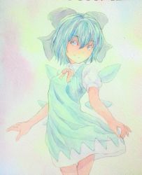 Rule 34 | 1girl, blue eyes, blue hair, bow, cirno, cowboy shot, hair between eyes, hair bow, highres, ice, ice wings, looking at viewer, matching hair/eyes, neck ribbon, painting (medium), pink background, puffy short sleeves, puffy sleeves, ribbon, short hair, short sleeves, skirt hold, smile, solo, touhou, traditional media, watercolor (medium), wings, yuyu (00365676)