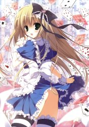 Rule 34 | 1girl, :d, absurdres, alice (alice in wonderland), alice in wonderland, ass, bow, card, dress, floating card, hair bow, highres, inugami kira, lolita fashion, looking back, no panties, open mouth, playing card, ribbon, smile, striped clothes, striped thighhighs, thighhighs