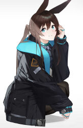 Rule 34 | 1girl, absurdres, amiya (arknights), animal ears, arknights, black jacket, black pantyhose, blue eyes, brown hair, closed mouth, full body, gradient background, grey background, hair between eyes, highres, hood, hood down, hooded jacket, jacket, long hair, long sleeves, looking at viewer, open clothes, open jacket, pantyhose, ponytail, puffy long sleeves, puffy sleeves, rabbit ears, raitho, shadow, sleeves past wrists, smile, solo, squatting, very long hair, white background