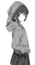 Rule 34 | 1girl, absurdres, closed mouth, commentary request, greyscale, hair ornament, highres, hood, hooded jacket, iwakura lain, jacket, long sleeves, looking at viewer, medium hair, metsu end, monochrome, pleated skirt, serial experiments lain, simple background, skirt, solo, white background, x hair ornament