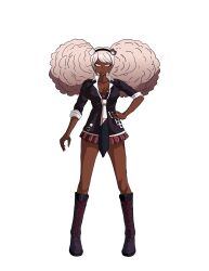 Rule 34 | 1girl, absurdres, afro, afro puffs, bear hair ornament, black hair, black hairband, black headband, black headwear, black necktie, black shirt, blonde hair, breasts, calf boots, canyouisntplz, cleavage, collar, collarbone, collared shirt, danganronpa (series), danganronpa another episode: ultra despair girls, dark-skinned female, dark skin, fingernails, full body, hair ornament, hairband, hand on own hip, headband, headset, highres, looking at viewer, medium breasts, microphone, multicolored clothes, multicolored necktie, multicolored skirt, nail polish, necktie, plaid, plaid skirt, red nails, red skirt, rolled up, second generation enoshima junko, shirt, simple background, skirt, sleeves rolled up, solo, twintails, white background, white collar, white necktie