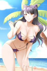 Rule 34 | 1girl, animal ear fluff, animal ears, banned artist, beach, bikini, black hair, blake belladonna, blue sky, blurry, blurry background, breasts, cat ears, cloud, collarbone, day, floating hair, front-tie bikini top, front-tie top, grin, hand on lap, highres, kimmy77, large breasts, lens flare, long hair, looking at viewer, multi-strapped bikini, navel, ocean, off shoulder, orange ribbon, outdoors, palm tree, paw print, print bikini, purple bikini, ribbon, rwby, sky, slit pupils, smile, solo, standing, summer, swimsuit, tree, undressing, very long hair, yellow eyes
