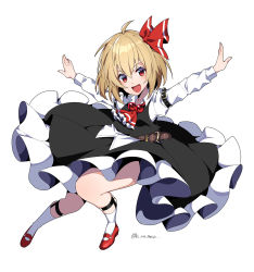 Rule 34 | 1girl, :d, ascot, belt, black skirt, black vest, blonde hair, collared shirt, fang, full body, hat, hat ribbon, highres, kamenozoki momomo, leg strap, long sleeves, looking at viewer, open mouth, outstretched arms, red ascot, red eyes, red footwear, red ribbon, ribbon, rumia, shirt, short hair, simple background, skin fang, skirt, smile, solo, thighs, touhou, twitter username, v-shaped eyebrows, vest, white background, white legwear, white shirt