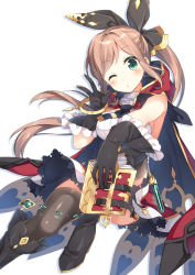 Rule 34 | 10s, 1girl, black gloves, black thighhighs, blush, book, brown hair, cape, clarisse (granblue fantasy), gloves, granblue fantasy, green eyes, hair ribbon, long hair, looking at viewer, masuishi kinoto, one eye closed, open mouth, ponytail, ribbon, shima (shima je), simple background, skirt, sleeveless, solo, thighhighs, v, very long hair