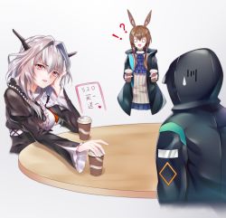 Rule 34 | !?, 1other, 2girls, absurdres, amiya (arknights), animal ears, arknights, ascot, bad id, bad pixiv id, black dress, black jacket, blue ascot, blue skirt, breasts, brown hair, coffee cup, cropped torso, cup, disposable cup, doctor (arknights), dress, from behind, grey background, hair between eyes, hair intakes, hand up, head rest, head tilt, highres, hood, hooded jacket, horns, jacket, juliet sleeves, kirby d a, long hair, long sleeves, looking at viewer, medium breasts, miniskirt, multiple girls, o o, open clothes, open jacket, parted lips, pleated skirt, puffy sleeves, rabbit ears, red eyes, shirt, short hair, silver hair, simple background, skirt, smile, sweatdrop, table, talulah (arknights), translation request, upper body, white shirt