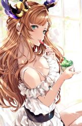 Rule 34 | 1girl, aqua eyes, blush, breasts, brown hair, cleavage, crossed legs, cup, day, dress, glint, granblue fantasy, hair ornament, hairband, head tilt, head wings, highres, holding, holding cup, holding spoon, indoors, large breasts, light particles, long hair, looking at viewer, off-shoulder dress, off shoulder, open mouth, parted lips, sidelocks, sitting, smile, solo, soraneko hino, spoon, sunlight, tweyen (granblue fantasy), wavy hair, white dress, window, wings