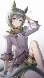 Rule 34 | 1girl, animal ears, black choker, blouse, blue eyes, choker, collared shirt, commentary, ear covers, frilled sleeves, frills, gradient background, green shorts, grey background, grey hair, hair ornament, hairclip, hand on own head, highres, horse ears, horse girl, horse tail, knee up, long sleeves, looking at viewer, open mouth, seiun sky (umamusume), shirt, short hair, short shorts, shorts, single ear cover, sitting, sleepy, solo, tail, tearing up, thigh strap, umamusume, white background, white shirt, yoimoriyoru