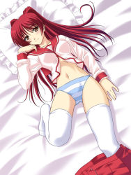 Rule 34 | 00s, 1girl, bed, blue panties, blush, brown eyes, frilled pillow, frills, kousaka tamaki, lying, masakichi (crossroad), no pants, on back, panties, pillow, red hair, school uniform, serafuku, skirt, solo, striped clothes, striped panties, thighhighs, to heart (series), to heart 2, twintails, underwear, undressing, white thighhighs