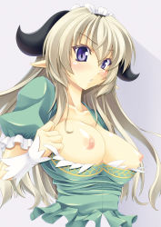 Rule 34 | 1girl, blonde hair, breasts, chestnut mouth, dress, female focus, gekato, horns, large breasts, long hair, maid headdress, nipples, original, pointy ears, purple eyes, solo, upper body, wristband