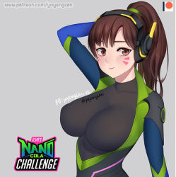 Rule 34 | 1girl, alternate breast size, alternate hairstyle, arm at side, arm behind head, bad id, bad pixiv id, black bodysuit, bodysuit, breasts, brown eyes, brown hair, closed mouth, covered collarbone, d.va (overwatch), eyelashes, facepaint, facial mark, grey background, headphones, high collar, large breasts, long hair, looking at viewer, nano cola, nano d.va, official alternate costume, overwatch, overwatch 1, patreon username, pilot suit, ponytail, ribbed bodysuit, shoulder pads, simple background, skin tight, smile, solo, twitter username, upper body, whisker markings, yoyongsan