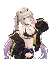 Rule 34 | 1girl, absurdres, belt, bikini, bikini top only, black bikini, blonde hair, blue eyes, blush, claw pose, collar, fingernails, gradient hair, hair ornament, hair ribbon, hairclip, highres, holster, horns, jacket, jewelry, long fingernails, long hair, long sleeves, multicolored hair, nail polish, necklace, off shoulder, original, paheide guang, parted lips, purple hair, ribbon, shorts, sleeves past wrists, smile, solo, swimsuit, thigh holster, twintails, two-tone hair, very long hair