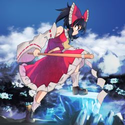Rule 34 | 1girl, absurdres, album cover, angry, black footwear, black hair, bow, cloud, cover, day, detached sleeves, frills, frown, gohei, hair tubes, hakurei reimu, heaven, highres, huge filesize, keystone, long skirt, majormilk, mountain, ponytail, profile, red bow, red eyes, red shirt, red skirt, shirt, skirt, touhou, white frills, white legwear, yellow neckwear