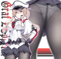 Rule 34 | 10s, 1girl, ass, bad id, bad pixiv id, black gloves, black pantyhose, blonde hair, blue eyes, breasts, capelet, character name, commentary request, crotch seam, gloves, graf zeppelin (kancolle), hair between eyes, hasanishi, hat, impossible clothes, jacket, kantai collection, large breasts, long hair, looking at viewer, miniskirt, mtu virus, multiple views, necktie, panties, panties under pantyhose, pantyhose, peaked cap, sidelocks, skirt, standing, twintails, underwear, uniform, white panties