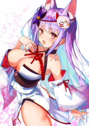 Rule 34 | 1girl, animal ear fluff, animal ears, ass, bare shoulders, bell, blue hair, breasts, chromatic aberration, colored inner hair, detached sleeves, fox ears, fox mask, from side, hair bell, hair ornament, halterneck, highres, japanese clothes, jingle bell, kamishiro natsume, kimono, large breasts, light blue hair, light purple hair, long hair, long sleeves, looking at viewer, looking back, mask, mask on head, melty+, multicolored hair, murechika, nail polish, no bra, one side up, open mouth, pelvic curtain, purple nails, red eyes, shirt, side slit, skirt, smile, solo, strapless, thighs, tube top, very long hair, virtual youtuber, white kimono, white shirt, white skirt, white sleeves, wide sleeves
