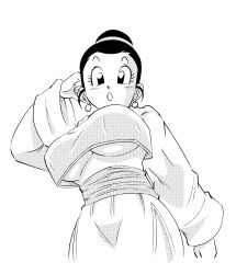 Rule 34 | 1girl, :o, breasts, chi-chi (dragon ball), chinese clothes, commentary, crop top, crop top overhang, dragon ball, dragonball z, earrings, from below, funsexydb, greyscale, hair bun, highres, jewelry, large breasts, monochrome, open mouth, raised eyebrows, side slit, single hair bun, skirt, solo, symbol-only commentary, underboob, upper body, wide sleeves