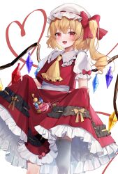 Rule 34 | 1girl, absurdres, ascot, blonde hair, blush, candy, crystal, fang, flandre scarlet, food, frilled skirt, frilled sleeves, frills, garter straps, hair between eyes, hat, highres, lollipop, long hair, mob cap, open mouth, red eyes, red skirt, red vest, short sleeves, side ponytail, single thighhigh, skirt, smile, solo, thighhighs, touhou, usushio, vest, white hat, white thighhighs, wings, yellow ascot