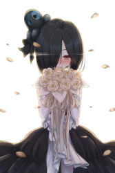 Rule 34 | 1girl, absurdres, black dress, black hair, black surge night, blush, bouquet, commentary request, crying, crying with eyes open, dress, falling petals, flower, frilled dress, frills, hair over one eye, highres, holding, holding bouquet, luetzow (black surge night), medium hair, octopus hair ornament, official alternate costume, pale skin, petals, red eyes, rose, soanote, tears, white background, white flower, white rose