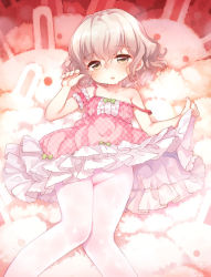 Rule 34 | 1girl, arm garter, blush, bow, brown eyes, checkered clothes, checkered dress, commentary request, crotch seam, dress, kito (sorahate), knees together feet apart, looking at viewer, lying, on back, open mouth, original, pantyhose, pink dress, short hair, silver hair, solo, strap slip, sweat, white pantyhose
