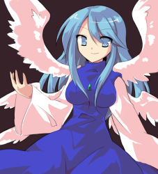 Rule 34 | 1girl, alphes (style), angel, bad id, bad pixiv id, blue eyes, blue hair, female focus, highly responsive to prayers, long hair, matching hair/eyes, multiple wings, parody, sariel (touhou), solo, style parody, touhou, touhou (pc-98), tsukino-p, wings