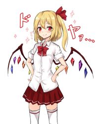 Rule 34 | 1girl, alternate costume, amagi (amagi626), blonde hair, blush, bow, bowtie, breast pocket, breasts, commentary request, contemporary, cowboy shot, crystal, flandre scarlet, hair between eyes, hair ribbon, hands on own hips, highres, long hair, miniskirt, no headwear, one-hour drawing challenge, one side up, pleated skirt, pocket, red bow, red bowtie, red eyes, red ribbon, red skirt, ribbon, school uniform, shirt, simple background, skirt, small breasts, solo, sparkle, standing, thighhighs, thighs, touhou, translation request, white background, white shirt, white thighhighs, wing collar, wings, zettai ryouiki