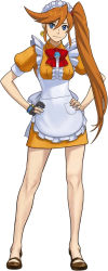 Rule 34 | 1girl, ace attorney, apron, athena cykes, blue eyes, breasts, capcom, earrings, fingerless gloves, gloves, hair between eyes, jewelry, legs, long hair, looking at viewer, maid, maid apron, maid headdress, official alternate costume, official art, orange hair, phoenix wright: ace attorney - spirit of justice, smile, thighs