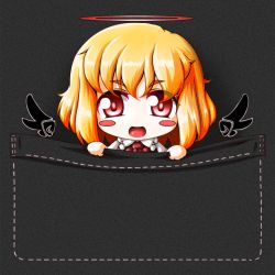 Rule 34 | &gt;:d, 1girl, :d, black wings, blonde hair, blush stickers, chibi, detached wings, ex-rumia, halo, looking at viewer, mini person, minigirl, open mouth, pocket, red eyes, roco (katsuya1011), rumia, smile, solo, touhou, v-shaped eyebrows, wings