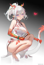 Rule 34 | 1girl, arknights, bare legs, bare shoulders, black background, breasts, china dress, chinese clothes, chinese commentary, commentary request, dress, gradient background, hair between eyes, heart, high heels, highres, horns, kuhnowushi, large breasts, looking at viewer, medium hair, nian (arknights), nian (unfettered freedom) (arknights), official alternate costume, pointy ears, ponytail, purple eyes, silver hair, solo, squatting, tail, thighs, tongue, tongue out, white background, white dress, white footwear