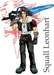 Rule 34 | 1990s (style), 1boy, bad id, bad pixiv id, brown hair, character name, electricity, english text, final fantasy, final fantasy viii, gloves, grey eyes, gunblade, highres, jacket, jewelry, kingdom hearts, male focus, muscular, necklace, scar, shinomiya akino, smile, solo, squall leonhart, sword, weapon