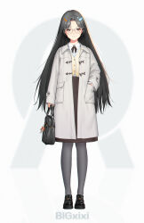 Rule 34 | 1girl, absurdres, bag, bag charm, bigxixi, black footwear, brown eyes, brown skirt, brown vest, charm (object), closed mouth, collared shirt, dress shirt, fish hair ornament, full body, glasses, grey background, grey hair, grey jacket, grey pantyhose, hair ornament, hand in pocket, highres, holding, holding bag, jacket, loafers, long hair, long sleeves, looking at viewer, open clothes, open jacket, original, pantyhose, parted bangs, shirt, shoes, skirt, solo, standing, very long hair, vest, white pantyhose, white shirt