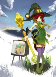 Rule 34 | 1girl, antennae, bottle, chinese text, cloud, detached sleeves, farm, fertilizer, ge ping, grass, green eyes, hat, highres, horizon, jinkela, meme, moxmod, necktie, original, personification, pigeon-toed, plant, product placement, red eyes, sack, sky, solo, staff, television, thighhighs, witch hat, zettai ryouiki