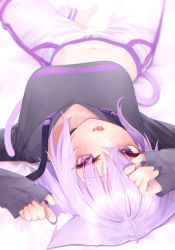 Rule 34 | 1girl, absurdres, animal ear fluff, animal ears, arms up, barefoot, black hoodie, breasts, cat ears, cropped hoodie, crossed bangs, hair between eyes, highres, hololive, hood, hoodie, large breasts, long sleeves, looking at viewer, lying, midriff, nanome to, navel, nekomata okayu, nekomata okayu (1st costume), on back, on bed, pants, purple eyes, purple hair, short hair, sleeves past wrists, solo, virtual youtuber, white pants