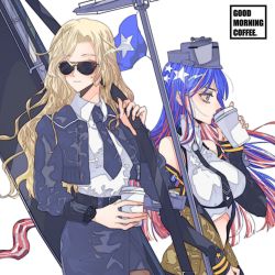 Rule 34 | 2girls, american flag, anno88888, aviator sunglasses, bare shoulders, belt, black belt, black neckwear, blonde hair, blue eyes, blue hair, blue jacket, blue neckwear, bomber jacket, closed mouth, coffee, cup, detached sleeves, disposable cup, drinking, english text, flag, highres, holding, holding cup, holding staff, hornet (kancolle), jacket, kantai collection, long hair, long sleeves, multiple girls, necktie, pantyhose, pencil skirt, red hair, shirt, simple background, skirt, south dakota (kancolle), staff, star (symbol), sunglasses, tinted eyewear, watch, weapon case, white background, white hair, white shirt, wristwatch