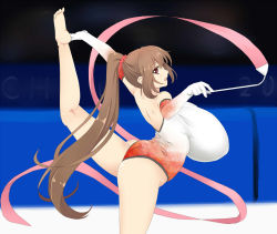 Rule 34 | 1girl, ass, bare shoulders, breasts, brown hair, gigantic breasts, gradient background, gymnastics, leotard, long hair, looking at viewer, open mouth, purple eyes, rhythmic gymnastics, ribbon, simple background, smile, solo, twintails, tworship